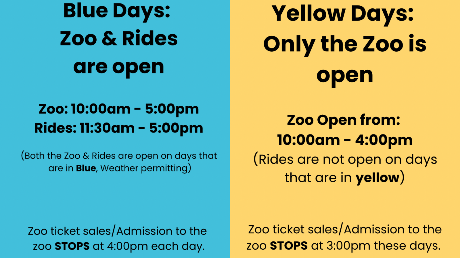 Blue Days: Zoo & Rides open; Yellow Days: Only Zoo open. Zoo hours vary; ticket sales close an hour earlier.