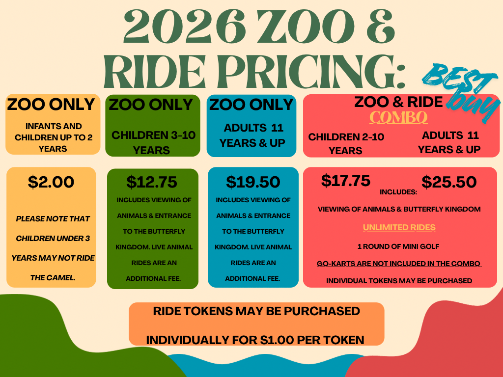 2026 zoo and ride pricing chart with different rates for infants, children, and adults. Combo options available.